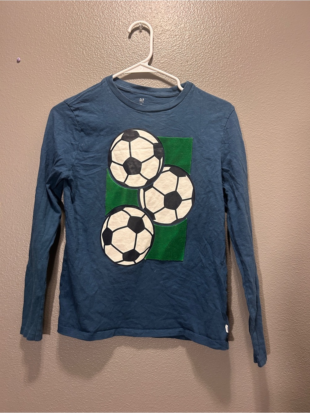 GAP Blue Long-Sleeve Soccer Graphic Tee with Green Panel
